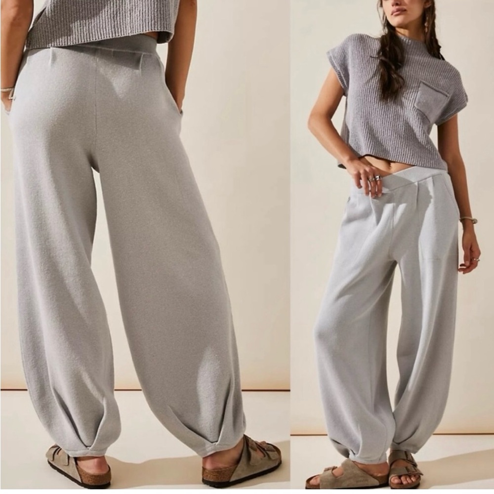 Free People FP Beach Freya Sweater Pants Light Grey Large Linen Blend